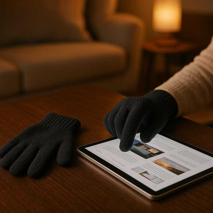 Handsker til Mænd med Touch Funktion - Sort Design, Komfort & Fleksibilitet i Høj Kvalitet: A different realistic setting in a cozy, dimly lit living room where the gloves are securely positioned on a work desk, one glove is partially removed, and the other is being used by a person to browse a tablet.