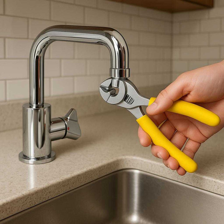 Hane nøgle i gul med ergonomisk håndtag og holdbar metal konstruktion: A realistic kitchen setting where the wrench is properly grounded on a kitchen counter, being actively used by a person to tighten a faucet.