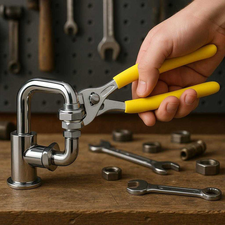 Hane nøgle i gul med ergonomisk håndtag og holdbar metal konstruktion: A different realistic garage setting where the wrench is securely positioned on a workbench, being used to adjust a pipe fitting.