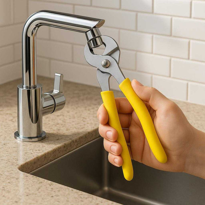 Hane nøgle i gul med justerbar størrelse og ergonomisk greb, høj kvalitet: A realistic kitchen setting where the yellow adjustable wrench with an ergonomic grip is properly grounded on a countertop, being actively used by a person to tighten a bolt on a kitchen faucet.