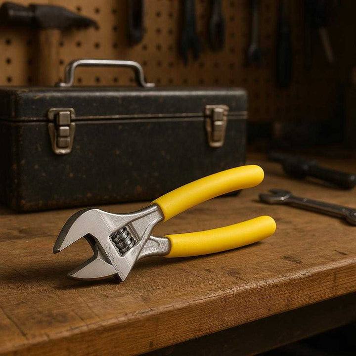 Hane nøgle i gul med justerbar størrelse og ergonomisk greb, høj kvalitet: A different realistic garage workshop setting where the yellow adjustable wrench is securely positioned on a workbench, being naturally placed next to a toolbox and other tools.