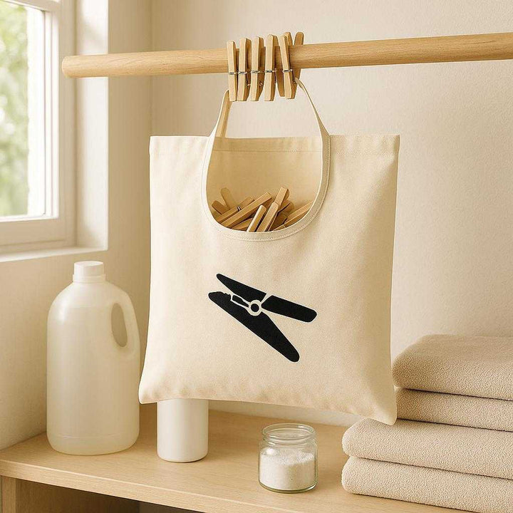 Hanging Storage Taske i Stof og Plastik - Organiserer Tøjklemmer, Let at Hænge Op, 1 stk: A realistic laundry room setting where the hanging storage task is properly grounded on a sturdy wooden rod, being actively used to organize clothes pegs.