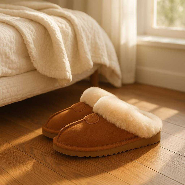 Hjemmesko af Ruskind - Varmforede Tøfler med Skridsikker Sål i Størrelse 36-43 til Høj Komfort: A serene bedroom environment where the slippers are neatly placed on a wooden floor beside a bed with fluffy blankets.