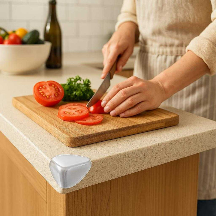 Hjørnebeskyttere i Gennemsigtigt Silikone - Høj Kvalitet og Sikkerhed for Børn og Møbler: A different realistic kitchen setting where the product is securely positioned on the corner of a countertop, being used to protect against bumps.