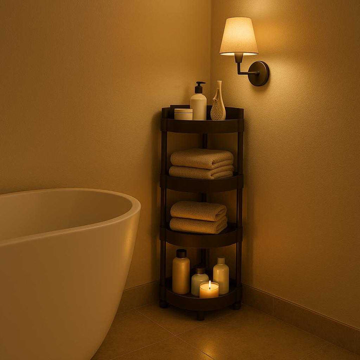 Hjørnehylde til badeværelset - Moderne og pladsbesparende i sort og hvid: A different realistic home spa setting where the corner shelf is securely positioned on the floor near a freestanding bathtub.