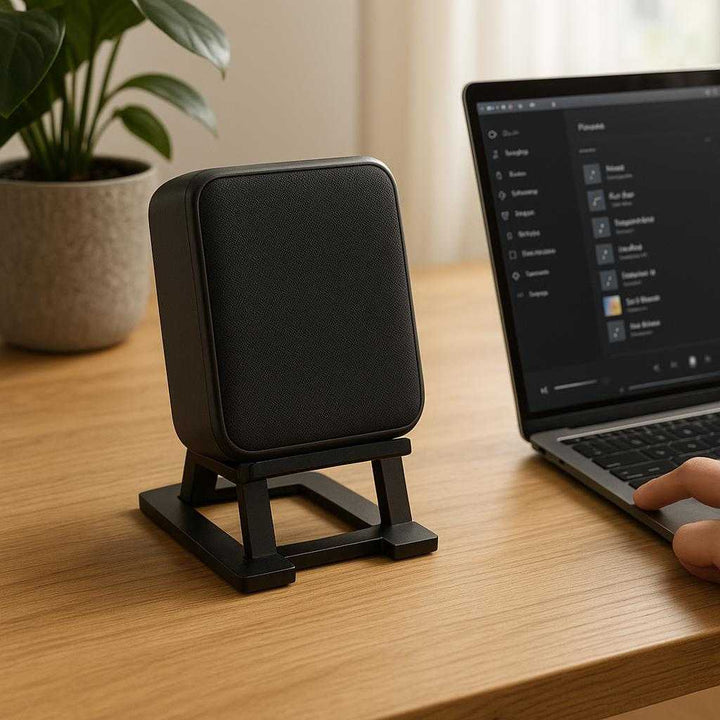 Højttalerstøtte i moderne design - Optimal lyd og stabilitet i sort og hvid: A realistic modern home office setting where the speaker stand is properly grounded on a wooden desk, being actively used to support a compact Bluetooth speaker.