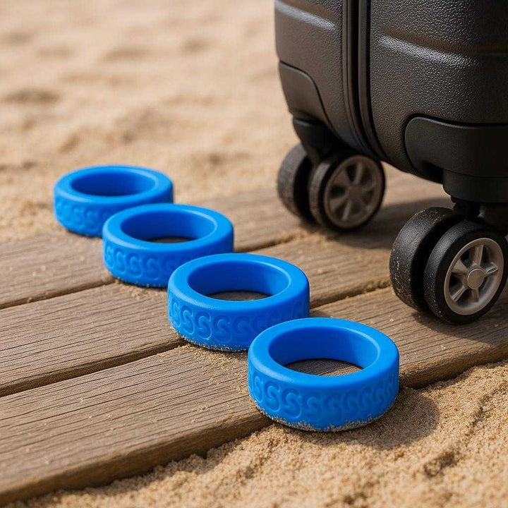 Hjulbeskyttere til Kuffert – Professionelle Gummiringe i Blå, Grå, Lyserød, Orange, Sort – Beskyt Dine Kuffert-Hjul Mod. Close-up view of the sturdy blue suitcase wheel protectors nestled on a beach boardwalk, illustrating their durability against sand and grit while a suitcase stands nearby on its wheels.