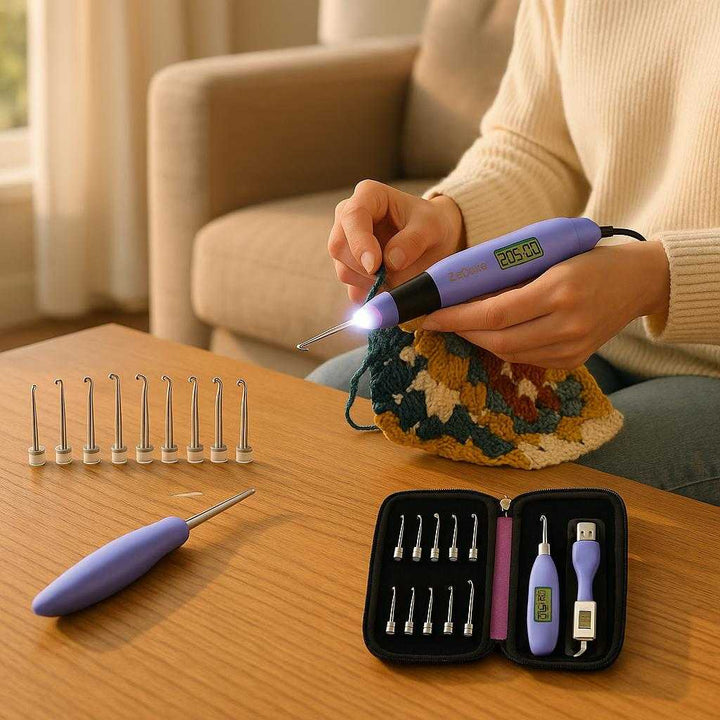 Hæklenåle med lys i blå - Plastik, Metal, Gummi - Indbygget lys, Digital tæller: A realistic cozy living room setting where the crochet hooks with light are properly grounded on a wooden coffee table.