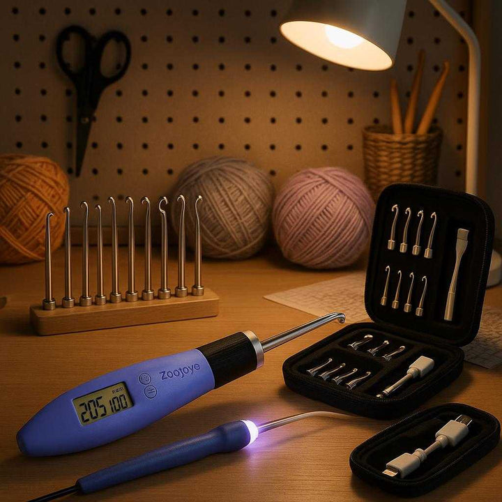 Hæklenåle med lys i blå - Plastik, Metal, Gummi - Indbygget lys, Digital tæller: A different realistic craft room setting where the crochet hooks are securely positioned on a craft desk next to various yarns and crafting tools.