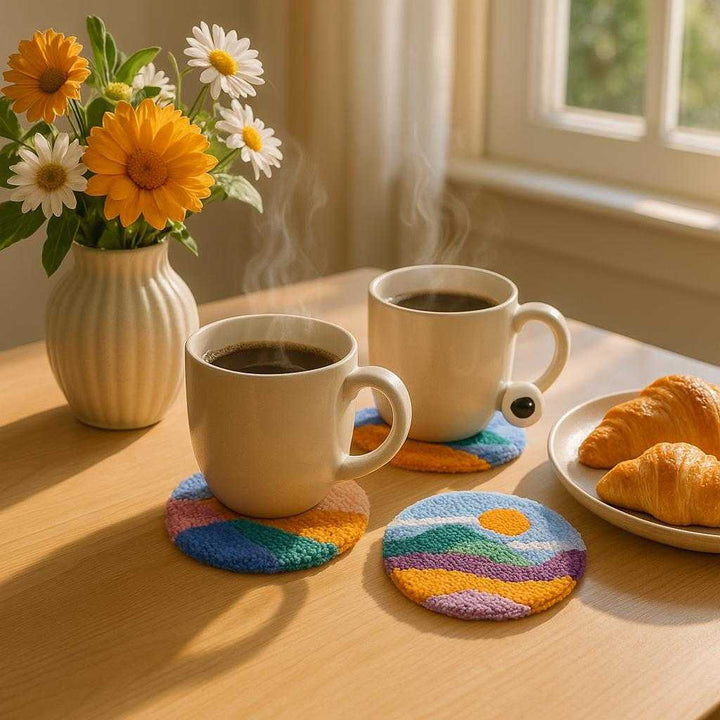 Hæklet bordskåner med kunstnerisk design - Beskyt dine overflader med stil. A cozy breakfast table setting with the artistic crocheted coasters placed under steaming mugs of coffee, next to a vase of fresh flowers and a plate of croissants, capturing the morning sunlight streaming through a kitchen window.