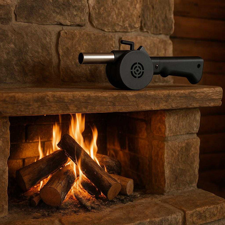 Håndblæser i Kompakt Design – Professionel Sort Håndsving Blæser til Kul og Pejs. A cozy fireplace scene in a rustic cabin where the compact hand blower sits on the mantel, ready to assist in kindling a warm fire with wood logs crackling below.