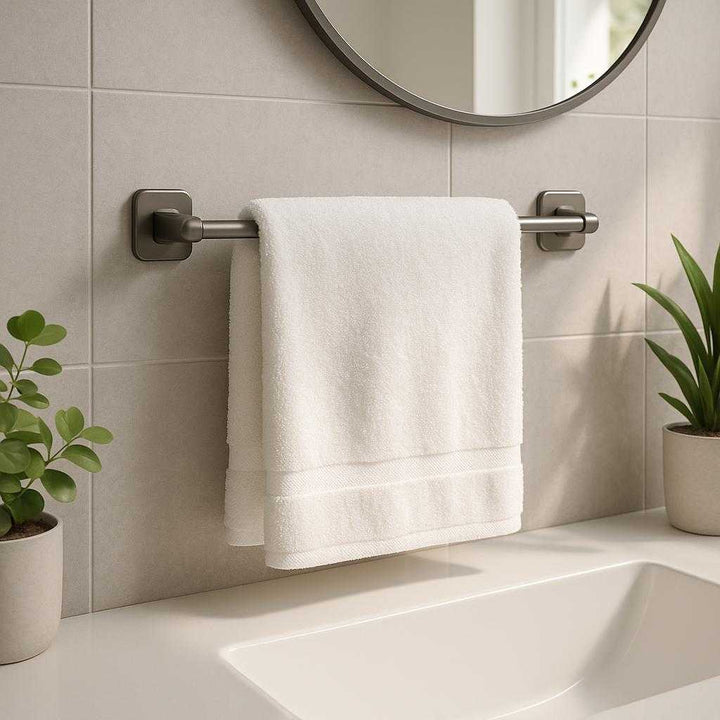 Håndklædeholder til væg i mat sølvfarvet metal - Moderne og pladsbesparende design i tre størrelser: A realistic modern bathroom setting where the towel holder is properly grounded on a tiled wall above a sleek, minimalistic sink.