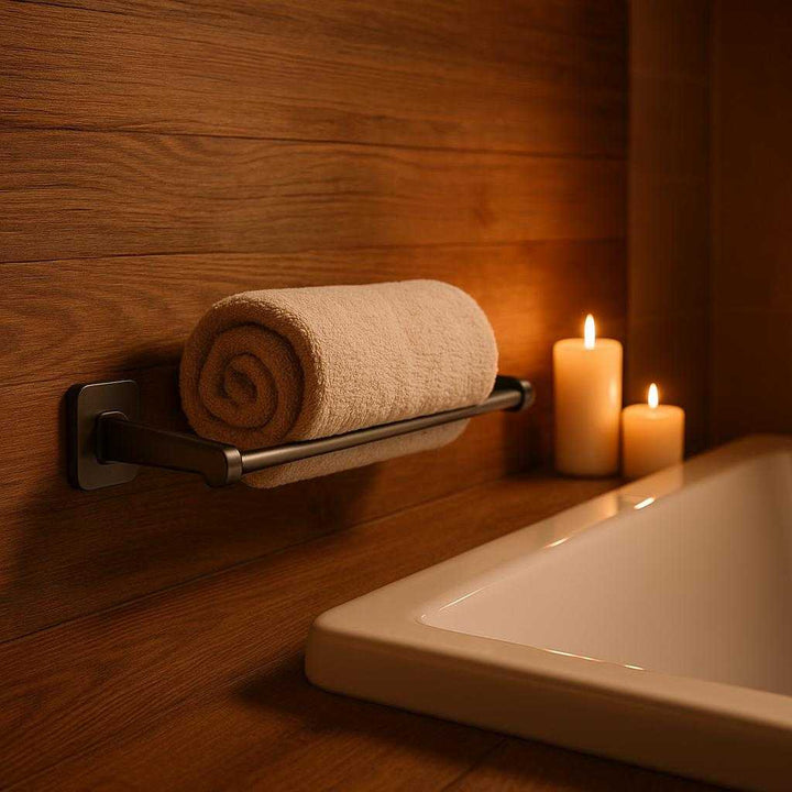 Håndklædeholder til væg i mat sølvfarvet metal - Moderne og pladsbesparende design i tre størrelser: A different realistic spa-like environment where the towel holder is securely positioned on a wooden wall near a large bathtub.