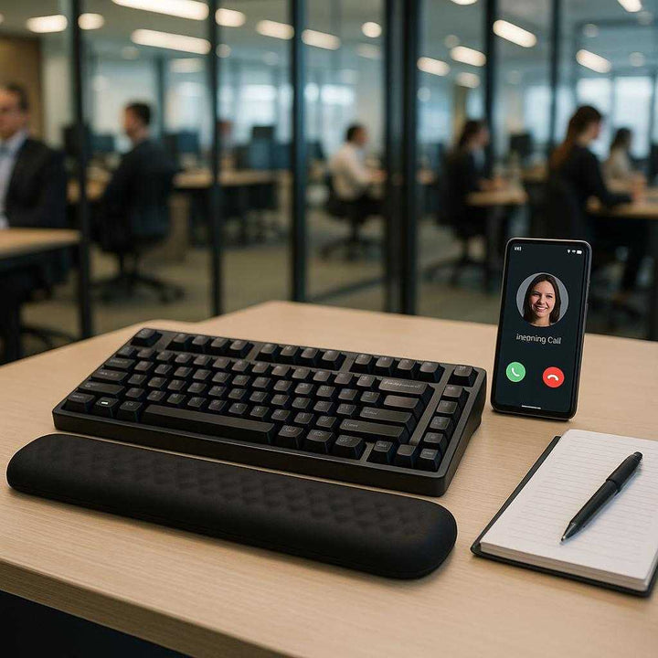 Håndledsstøtte til tastatur - Ergonomisk design med memory-skum - Tilgængelig i Sort og Lysegrå. A bustling corporate office environment, where the gray ergonomic wrist rest is situated in front of a keyboard on a contemporary desk. The scene is lit by ambient overhead lighting, reflecting off glass partitions. Nearby, a smartphone displays an incoming video call, and a notepad with pen rests easily accessible, highlighting the wrist rest’s role in maintaining a professional and focused workspace.