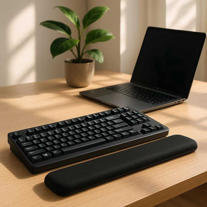 Håndledsstøtte til tastatur - Ergonomisk design med memory-skum - Tilgængelig i Sort og Lysegrå. A modern home office setting, where the ergonomic wrist rest in black is placed in front of a sleek keyboard on a wooden desk. Soft natural sunlight filters through a nearby window, casting gentle shadows. The scene is completed with a stylish laptop open next to an elegant houseplant, creating an inviting work environment that emphasizes productivity and comfort with the wrist rest providing essential support.
