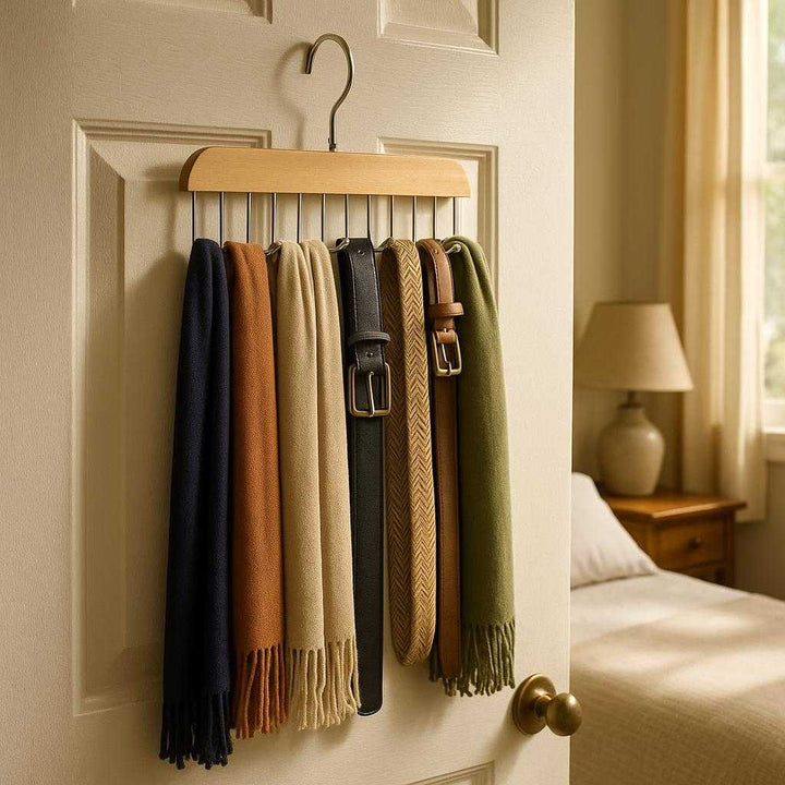 Holder i træ og metal til BH'er og tilbehør - Pladsbesparende og nem organisering: A different realistic bedroom setting where the holder is securely positioned on the back of a closet door, naturally placed with neatly arranged scarves and belts, showing its versatility.
