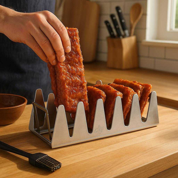 Holder til Flæsk – Høj Kvalitet Rillerist i Rustfrit Stål til Perfekt Sprød Svær og Jævn Stegning: A realistic home kitchen setting where the stainless steel rib holder is properly grounded on a wooden kitchen countertop, being actively used by a person placing marinated ribs onto the rack.