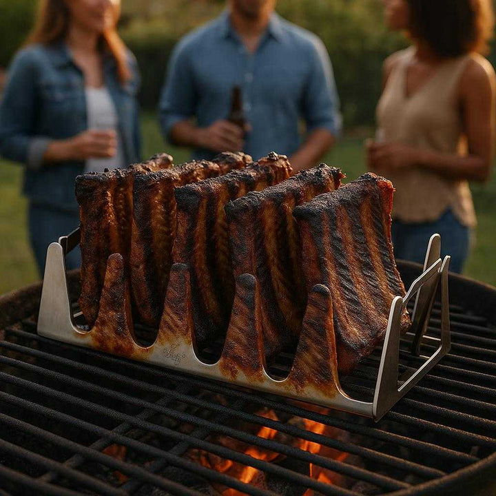 Holder til Flæsk – Høj Kvalitet Rillerist i Rustfrit Stål til Perfekt Sprød Svær og Jævn Stegning: A different realistic outdoor barbecue setting where the rib holder is securely positioned on a grill grate, being used to cook ribs with visible smoky char marks.