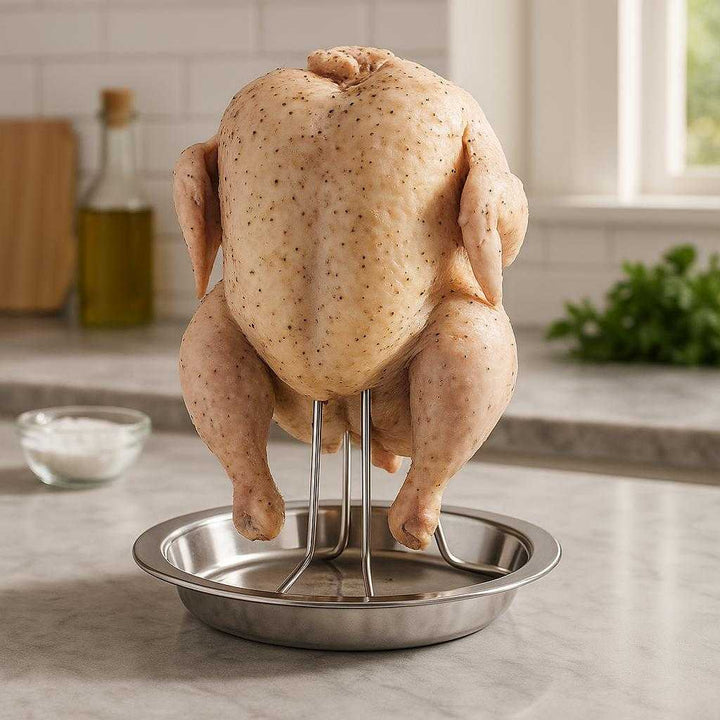 Holder til Hel Kylling i Rustfrit Stål med Opsamlingsbakke – Perfekt til Saftig Kylling og Stilfuld Madlavning: A realistic kitchen setting where the holder til hel kylling i rustfrit stål med opsamlingsbakke is properly grounded on a marble countertop, with a whole chicken securely positioned on the holder, ready for oven roasting.