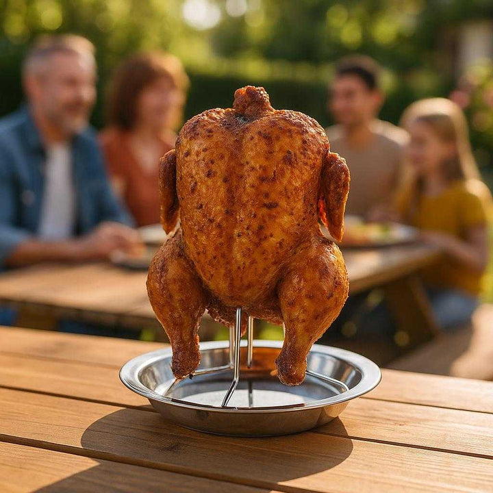 Holder til Hel Kylling i Rustfrit Stål med Opsamlingsbakke – Perfekt til Saftig Kylling og Stilfuld Madlavning: A different realistic outdoor BBQ setting where the product is securely positioned on a wooden picnic table, being used to display a freshly grilled chicken.