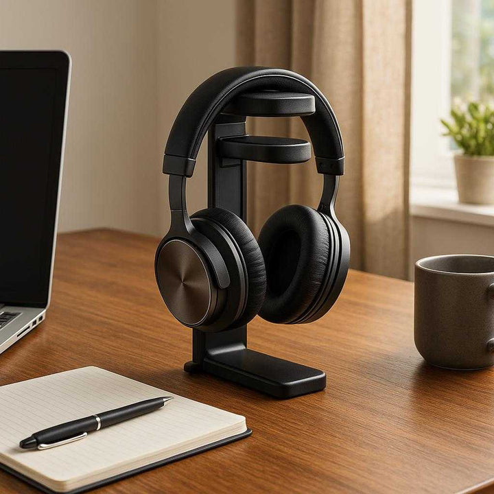 Holder til hovedtelefoner - Justerbar, pladsbesparende og moderne design i sort plast: A realistic home office setting where the headphones holder is properly grounded on a wooden desk, holding a pair of sleek, modern headphones.