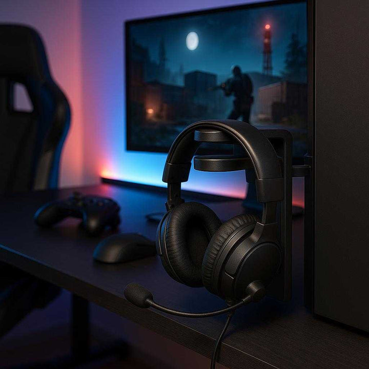 Holder til hovedtelefoner - Justerbar, pladsbesparende og moderne design i sort plast: A different realistic gaming setup where the headphones holder is securely positioned on the side of a gaming console cabinet, naturally holding a pair of gaming headphones.