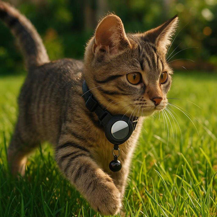 Holder til moderne kæledyr: Paw & Whisker AirTag Halsbånd med Integreret Holder - sikker og stilfuld løsning: A realistic home garden setting where the product is properly grounded on the neck of a playful cat exploring the grass, being actively used as it moves naturally.