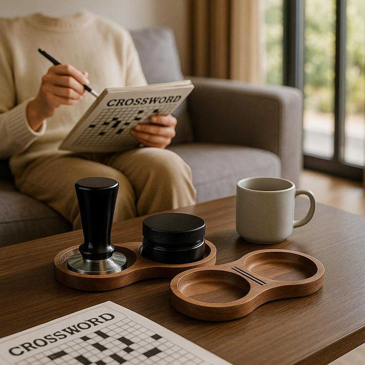 Holder til tampersæt i valnøddetræ - Praktisk og funktionel til opvaskebørste, krydsord og pris. A contemporary living room setting where the walnut holder is elegantly placed on a sleek coffee table alongside a crossword puzzle book and a modern, ceramic mug. Sunlight pours in through large windows, accentuating the natural wood finish. A person is seen in the background, comfortably seated on a couch, seemingly engrossed in solving a crossword puzzle, creating a relaxed and tranquil atmosphere.