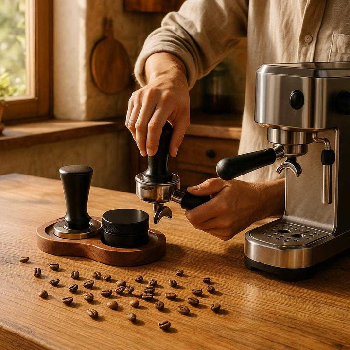 Holder til tampersæt i valnøddetræ - Praktisk og funktionel til opvaskebørste, krydsord og pris. A cozy kitchen interior with rustic wooden accents. The walnut wood tamping set holder is placed neatly on a wooden countertop next to an espresso machine. Coffee beans are artfully scattered on the surface, illuminated by soft, natural morning light streaming through a nearby window. A barista is casually making espresso, using the tamper tool, setting a warm and inviting scene.
