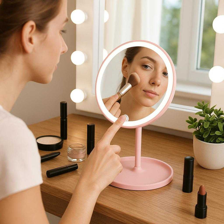 Hollywood Spejl Med Lys - Professionel Makeup Belysning til Dit Hjem i Moderne Design: A realistic bedroom vanity setup where the Hollywood mirror with lights is properly grounded on a wooden dressing table, actively used by a person applying makeup.