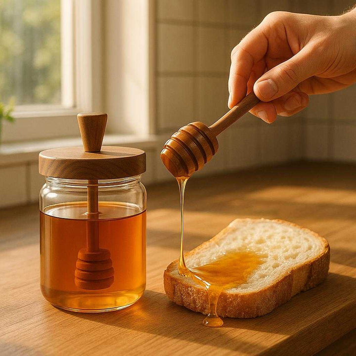 Honning krukke i glas, træ og metal - let at bruge, æstetisk, multifunktionel - 1pc'er (500ml): A realistic kitchen setting with the honey jar properly grounded on a wooden counter, being actively used by a hand holding the dipper to drizzle honey over a slice of bread.