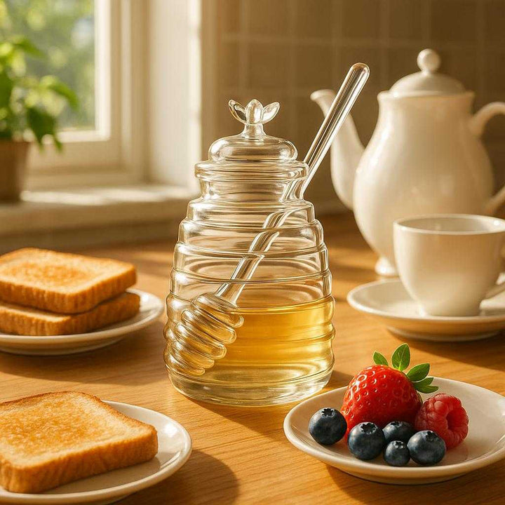 Honningkrukke i Glas med Låg og Ske – Høj Kvalitet, Elegant Design, Perfekt til Køkkenet. The elegant glass honey jar with lid and spoon is placed on a wooden kitchen counter, surrounded by a fresh breakfast setup of toast, fruit, and a tea set, sunlight streaming through a nearby window.