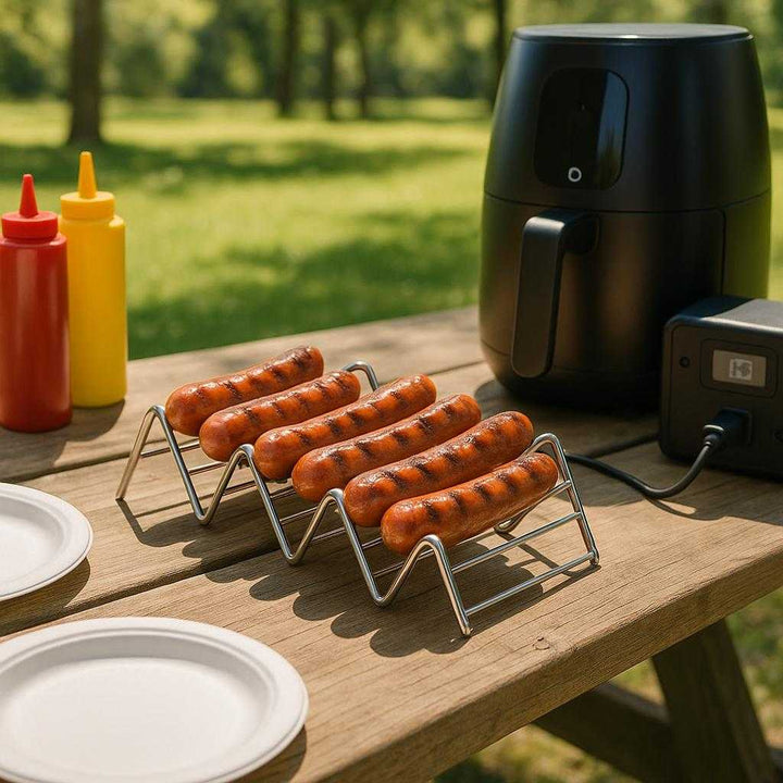 Hotdog Holder til Airfryer – Rustfri Stål, Høj Kvalitet til Perfekte Pølser: A different realistic outdoor barbecue setting where the hotdog holder is securely positioned on a picnic table next to an airfryer plugged into a portable power source.