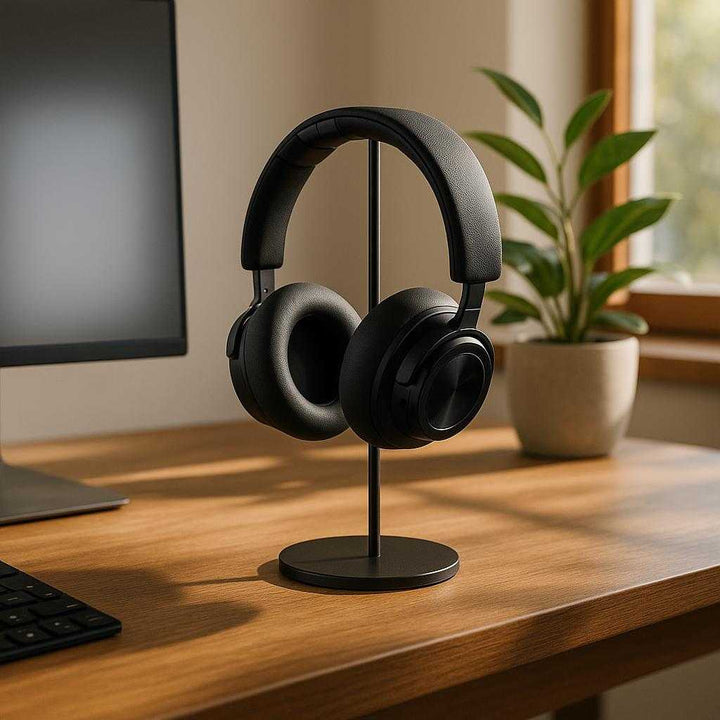 Hovedtelefon Stativ i Plastik, metal & Læder - Sortere, Grå, Gylden, Sølvfarvet: A realistic home office setup where the headphone stand is properly grounded on a wooden desk, with a computer monitor in the background and a potted plant beside it.