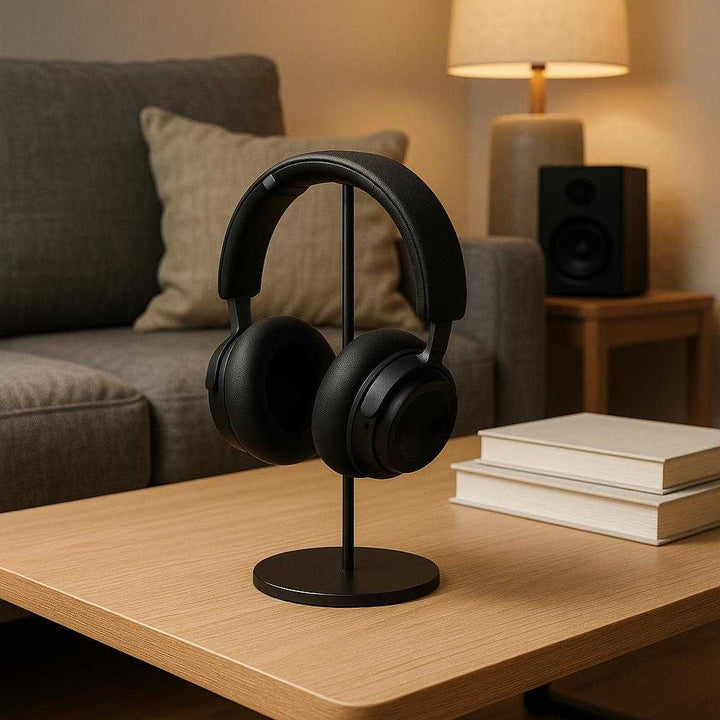 Hovedtelefon Stativ i Plastik, metal & Læder - Sortere, Grå, Gylden, Sølvfarvet: A different realistic living room environment where the headphone stand is securely positioned on a modern coffee table, placed near a sofa with a sound system and a stack of books.
