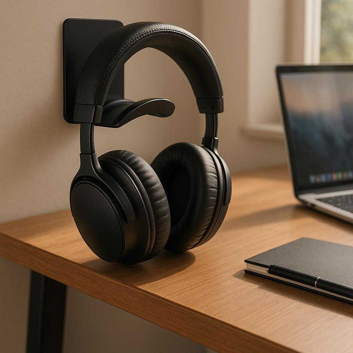 Hovedtelefonholder med Selvklæbende Funktion - Til Bord og Væg - Inkluderer Kabelorganisering - Tilgængelig i Sort, Blå, Lyserød og Hvid: A realistic home office setting where the product is properly grounded on the edge of a wooden desk, being used to neatly hold a pair of over-ear headphones.