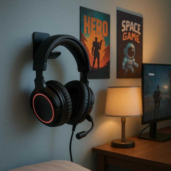 Hovedtelefonholder med Selvklæbende Funktion - Til Bord og Væg - Inkluderer Kabelorganisering - Tilgængelig i Sort, Blå, Lyserød og Hvid: A different realistic bedroom setting where the product is securely positioned on a wall next to a gaming setup, holding a pair of gaming headphones.