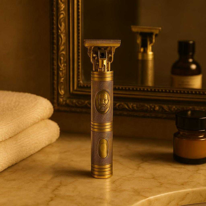 Hårtrimmer i klassisk design - Præcis klipning med holdbart metal materiale i guld finish. A luxurious bathroom setting, where the golden hair trimmer is placed elegantly on a marble countertop beside a vintage mirror. Soft, warm lighting creates a sophisticated ambiance, highlighting the trimmer's intricate metal detailing. Nearby, a neatly folded towel and classic grooming products add to the upscale atmosphere, emphasizing the trimmer's role in a refined grooming routine.