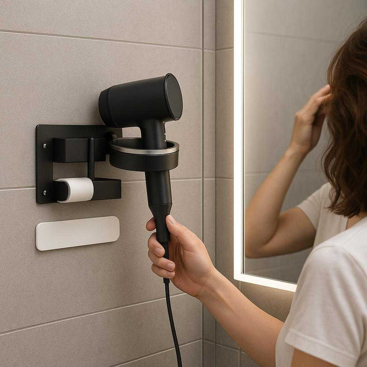 Hårtørrerholder til Væg – Avanceret Metal Design med Sort Finish for Moderne Badeværelse. The advanced metal hair dryer holder with black finish is securely mounted on a modern bathroom wall, elegantly holding a sleek hairdryer while a person uses it in front of a large mirror with ambient lighting.