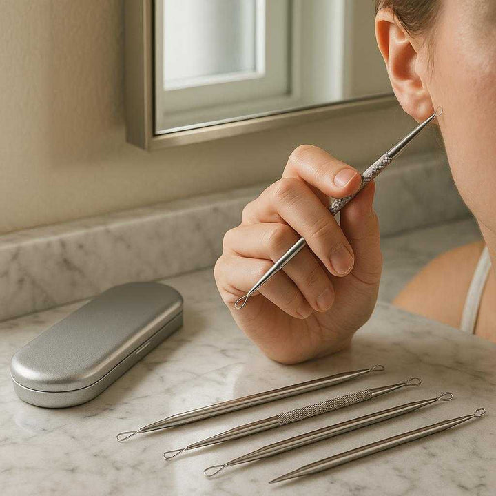 Hudormefjerner sæt i rustfrit stål – Professionel komplet værktøjssæt med etui til effektiv fjernelse af hudorme: A realistic bathroom setting where the product is properly grounded on a marble countertop, being actively used by a hand near a well-lit vanity mirror.