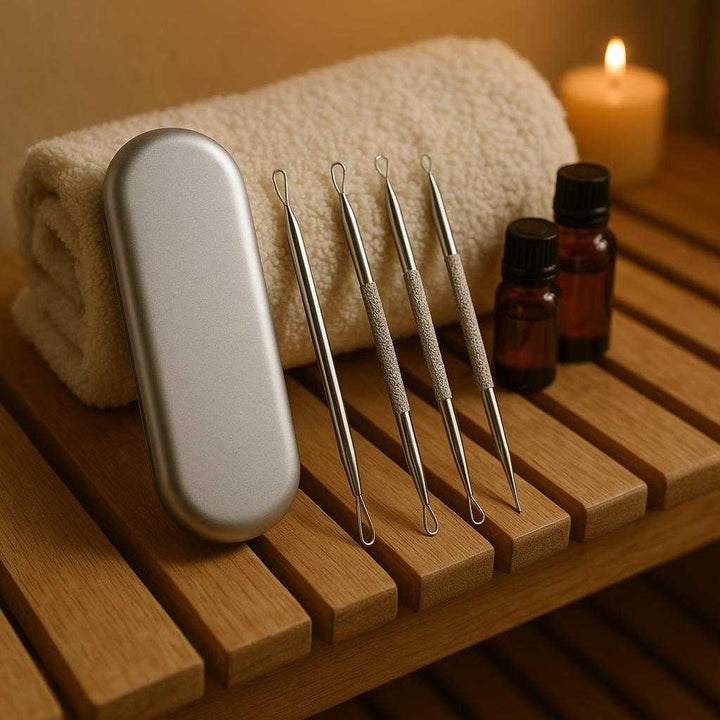 Hudormefjerner sæt i rustfrit stål – Professionel komplet værktøjssæt med etui til effektiv fjernelse af hudorme: A different realistic spa environment where the product is securely positioned on a wooden spa bench.
