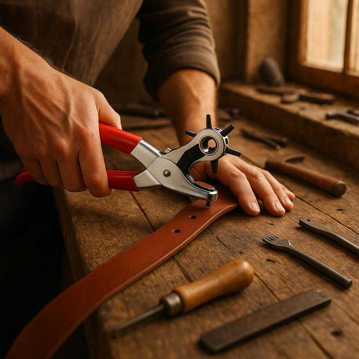 Hullemaskine til læder og bælter: Ergonomisk, med drejehoved og flere hulstørrelser - Rød og sølv: A rustic workshop setting, where the product is accurately integrated, being used by a craftsman on a sturdy wooden workbench.