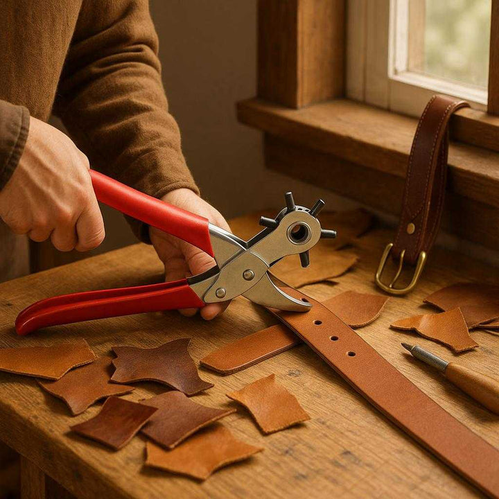 Hullemaskine til læder og bælter: Ergonomisk, med drejehoved og flere hulstørrelser - Rød og sølv: A cozy workshop setting, where the product is placed on a wooden workbench amidst leather scraps and crafting tools.