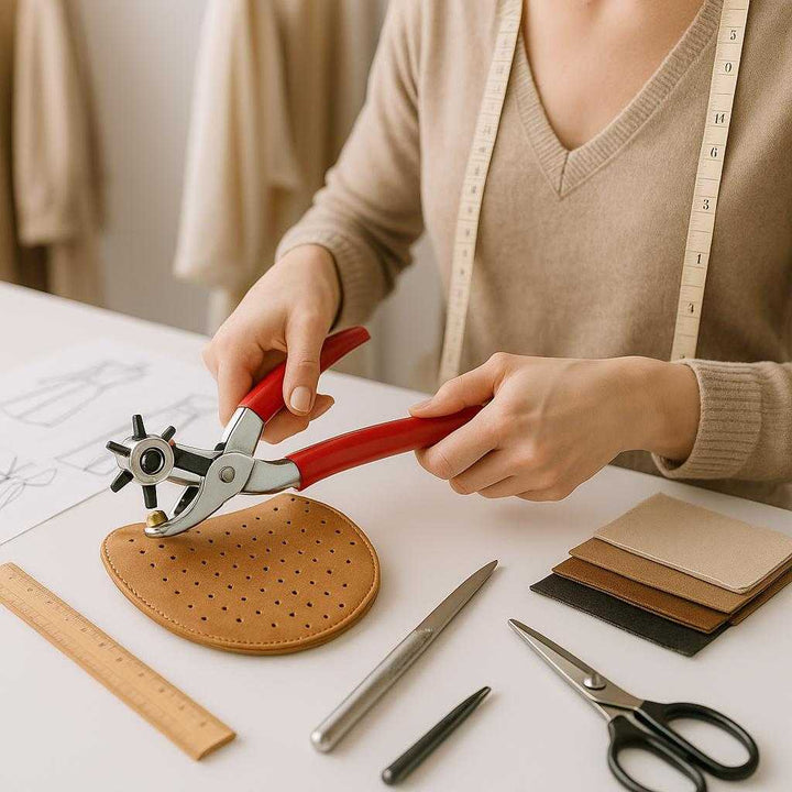 Hullemaskine til læder og bælter: Ergonomisk, med drejehoved og flere hulstørrelser - Rød og sølv: A chic fashion studio setting, where the product is accurately integrated, placed on a designer's crisp white workspace.