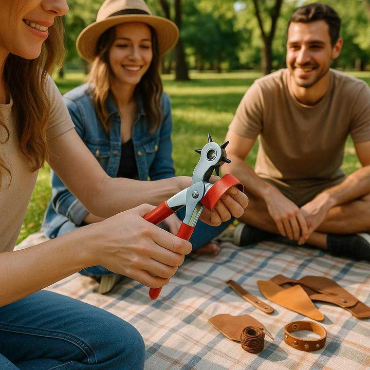 Hullemaskine til læder og bælter: Ergonomisk, med drejehoved og flere hulstørrelser - Rød og sølv: An outdoor picnic scene, where the product is seen being utilized at a casual leather crafting workshop in the park.