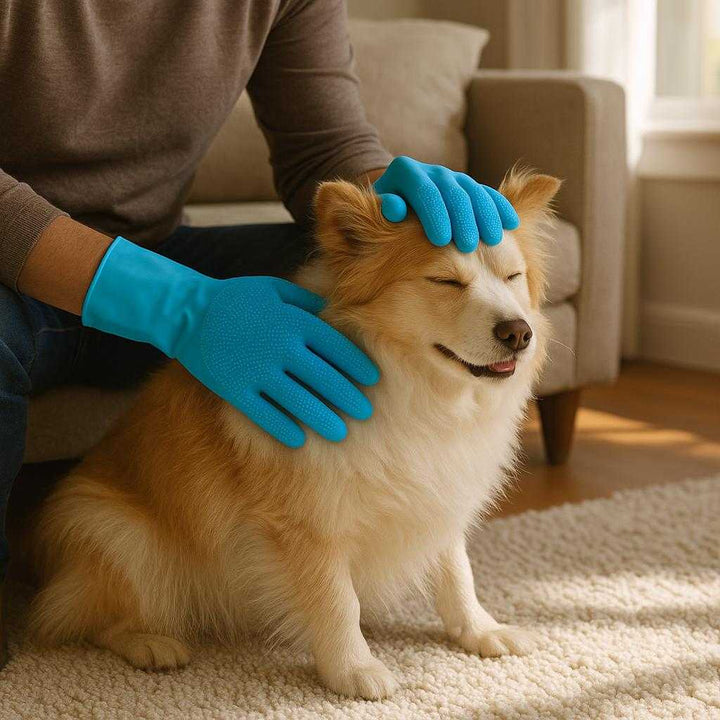 Hundehandsker med silikonnopper - Effektiv pelspleje og massage til alle pelstyper - Tilgængelig i blå og pink: A realistic grooming session in a cozy living room where the product is properly grounded on the floor, being actively used by a person wearing the gloves to gently groom a fluffy dog.