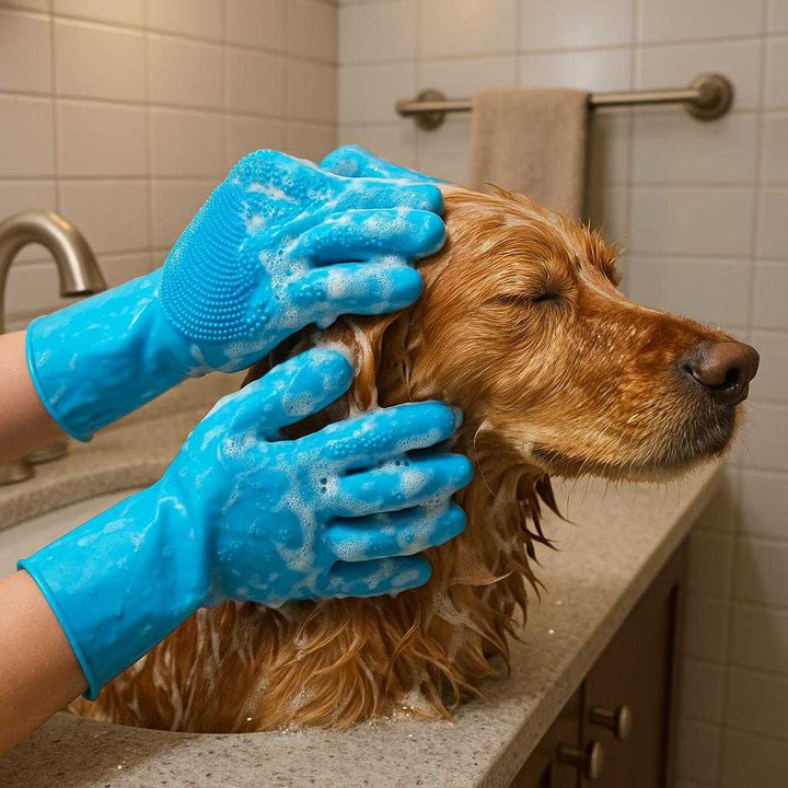 Hundehandsker med silikonnopper - Effektiv pelspleje og massage til alle pelstyper - Tilgængelig i blå og pink: A different realistic bathroom setting where the product is securely positioned on a countertop next to a sink, being used to lather and massage a wet dog during a bath.