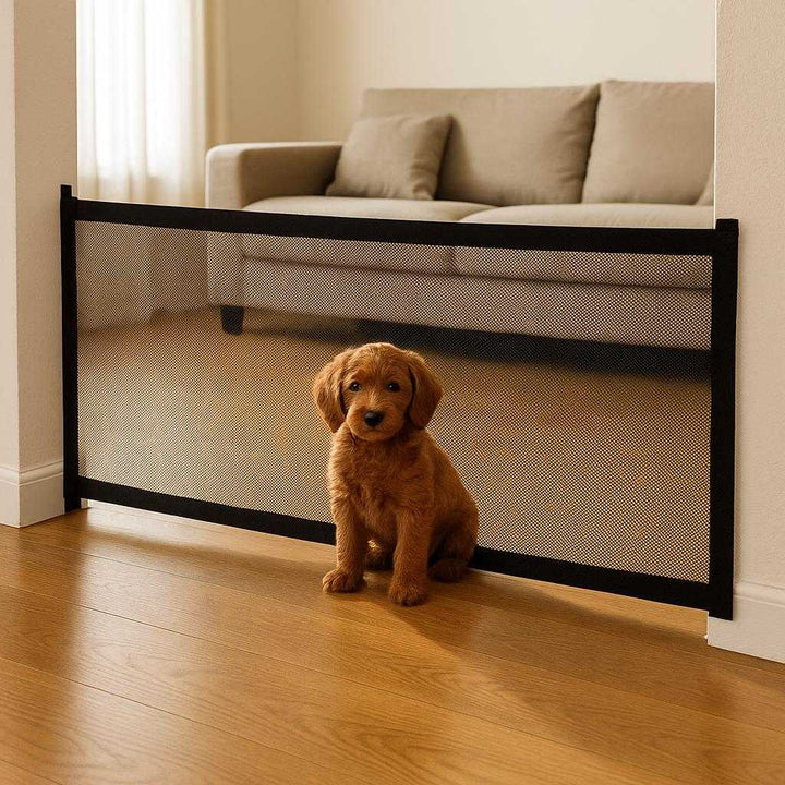 Hundehegn 78x180 cm – Foldbart og justerbart sikkerhedshegn til kæledyr i sort: A realistic living room setting where the dog fence is properly grounded on a hardwood floor, being actively used to create a safe play area for a small dog.