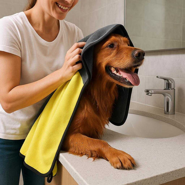 Hundehåndklæde i Mikrofiber - Ultimativ Absorbering og Komfort til Din Hund, Avanceret Kvalitet: A realistic bathroom setting where the Hundehåndklæde i Mikrofiber is properly grounded on a bathroom counter next to a sink, being actively used by a person drying off a happy, freshly bathed dog.