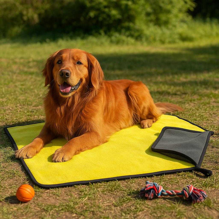 Hundehåndklæde i Mikrofiber - Ultimativ Absorbering og Komfort til Din Hund, Avanceret Kvalitet: A different realistic outdoor setting where the Hundehåndklæde i Mikrofiber is securely positioned on a grassy picnic area, being used as a cozy resting spot for a dog lying comfortably on the towel in the sun.